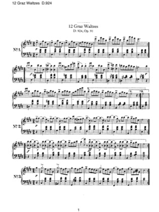 Thumbnail of first page of 12 Graz Waltzes, D.924 (Op.91) piano sheet music PDF by Schubert.