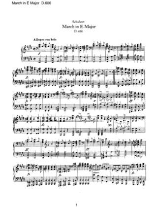 Thumbnail of first page of March in E major, D.606 piano sheet music PDF by Schubert.