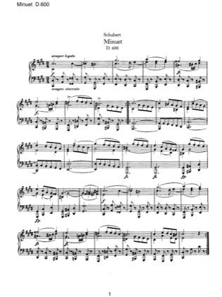 Thumbnail of first page of Minuet, D.600 piano sheet music PDF by Schubert.