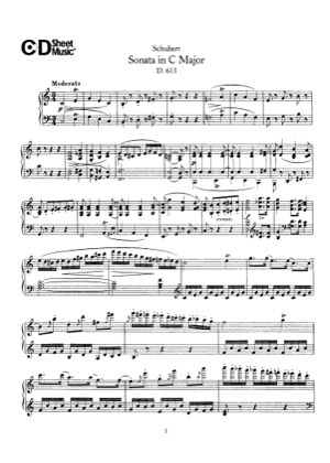 Thumbnail of first page of 2 Movements from a Piano Sonata in C Major, D.613 piano sheet music PDF by Schubert.