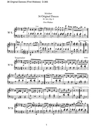 Thumbnail of first page of 36 Original Dances (First Waltzes), D.365 (Op.9) piano sheet music PDF by Schubert.