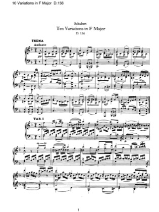 Thumbnail of first page of 10 Variations in F major, D.156 piano sheet music PDF by Schubert.