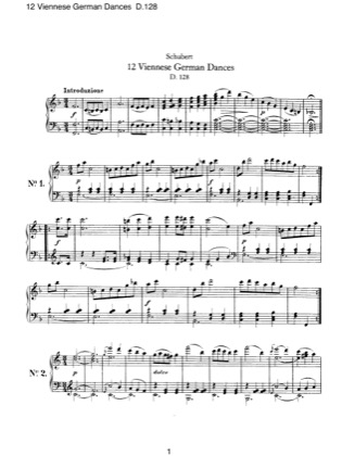 Thumbnail of first page of 12 Viennese German Dances, D.128 piano sheet music PDF by Schubert.
