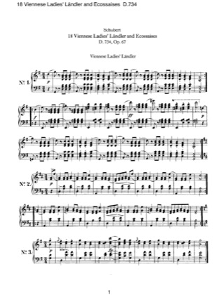 Thumbnail of first page of 18 Viennese Ladies' Landler and Ecossaises, D.734 piano sheet music PDF by Schubert.