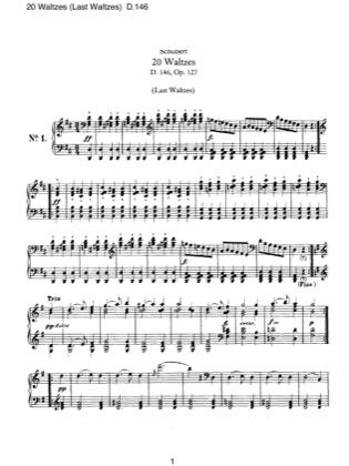 Thumbnail of first page of 20 Waltzes (Last Waltzes), D.146 (Op.127) piano sheet music PDF by Schubert.