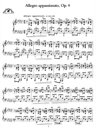 Thumbnail of first page of Allegro Appassionato, Op.4 piano sheet music PDF by Scriabin.