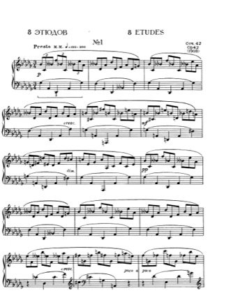 Thumbnail of first page of No.1 Etude in D flat major, Op.42 piano sheet music PDF by Scriabin.