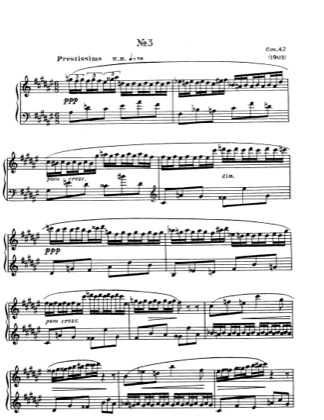 Thumbnail of first page of No.3 Etude in F sharp major, Op.42 piano sheet music PDF by Scriabin.