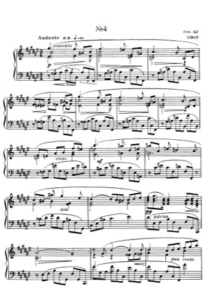 Thumbnail of first page of No.4 Etude in F sharp major, Op.42 piano sheet music PDF by Scriabin.