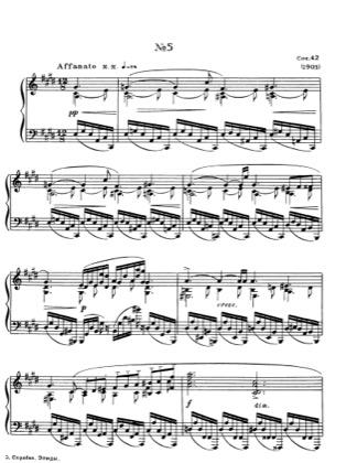Thumbnail of first page of No.5 Etude in C sharp minor, Op.42 piano sheet music PDF by Scriabin.
