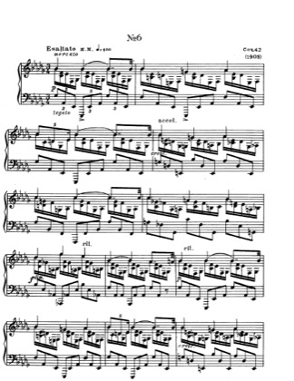 Thumbnail of first page of No.6 Etude in D flat major, Op.42 piano sheet music PDF by Scriabin.
