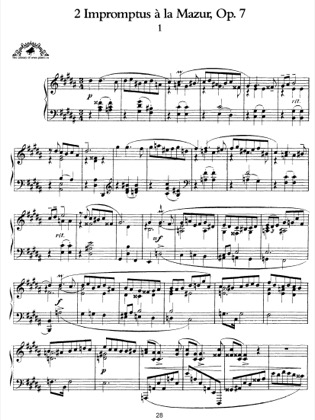 Thumbnail of first page of 2 Impromptus a la Mazur, Op.7 piano sheet music PDF by Scriabin.