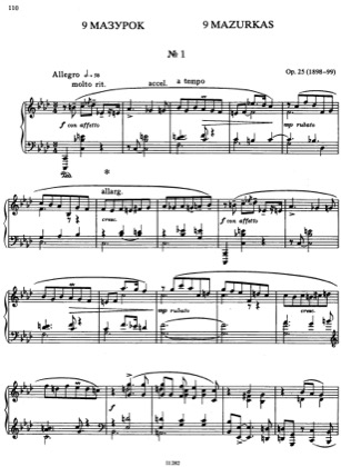 Thumbnail of first page of 9 Mazurkas, Op.25 piano sheet music PDF by Scriabin.