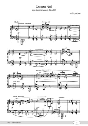 Thumbnail of first page of Piano Sonata No.6, Op.62 piano sheet music PDF by Scriabin.