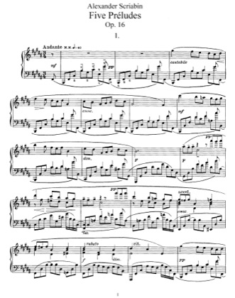 Thumbnail of first page of 5 Preludes, Op.16 piano sheet music PDF by Scriabin.