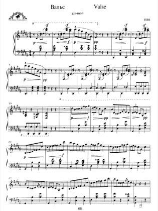 Thumbnail of first page of Valse in G-Sharp minor piano sheet music PDF by Scriabin.