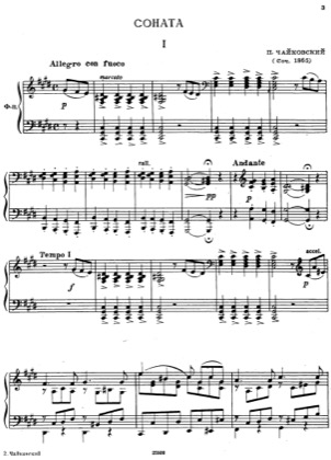 Thumbnail of first page of Piano Sonata, Op.80 piano sheet music PDF by Tchaikovsky.