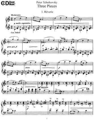 Thumbnail of first page of 3 Pieces, Op.9 piano sheet music PDF by Tchaikovsky.