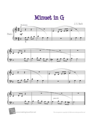 Thumbnail of first page of Minuet in G piano sheet music PDF by Bach.