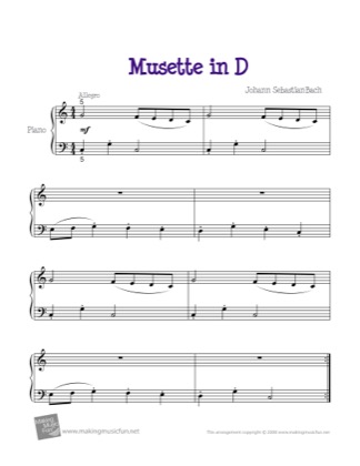 Thumbnail of first page of Musette in D (Easy) piano sheet music PDF by Bach.