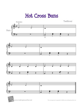 Thumbnail of first page of Hot Cross Buns piano sheet music PDF by Kids.