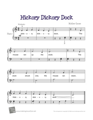 Thumbnail of first page of Hickory Dickory Dock piano sheet music PDF by Kids.
