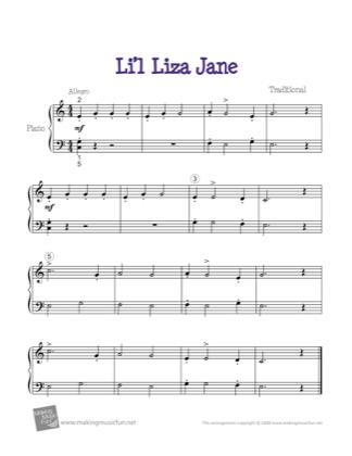 Thumbnail of first page of Li'l Liza Jane piano sheet music PDF by Kids.