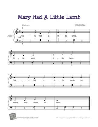 Thumbnail of first page of Mary Had A Little Lamb piano sheet music PDF by Kids.