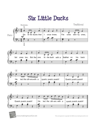 Thumbnail of first page of Six Little Ducks piano sheet music PDF by Kids.