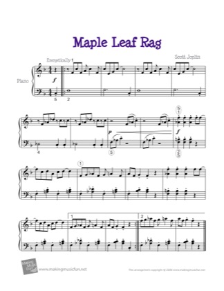Thumbnail of first page of Maple Leaf Rag (in F) piano sheet music PDF by Scott Joplin.