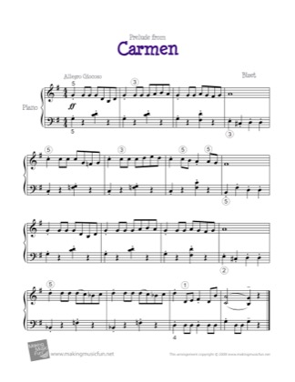 Thumbnail of first page of Prelude from Carmen piano sheet music PDF by Bizet.