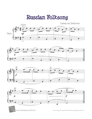 Thumbnail of first page of Russian Folksong (2) piano sheet music PDF by Beethoven.