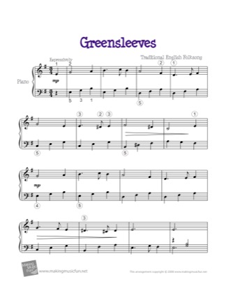 Thumbnail of first page of Greensleeves piano sheet music PDF by Kids.