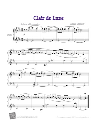 Thumbnail of first page of Clair de Lune piano sheet music PDF by Debussy.