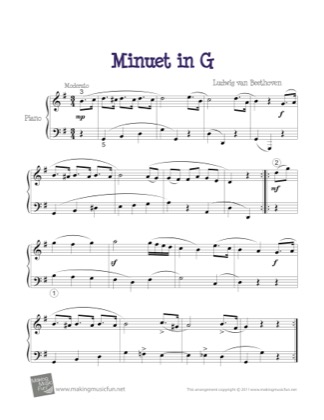 Thumbnail of first page of Minuet in G piano sheet music PDF by Beethoven.