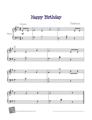 Thumbnail of first page of Happy Birthday piano sheet music PDF by Kids.