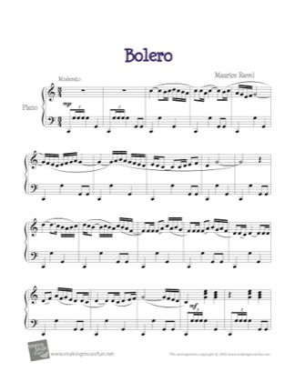 Thumbnail of first page of Bolero piano sheet music PDF by Maurice Ravel.