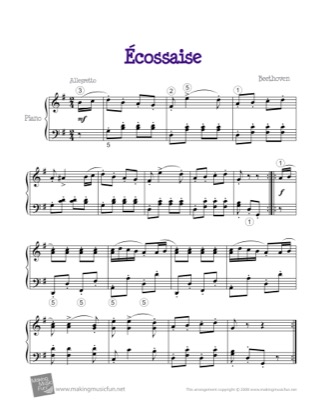 Thumbnail of first page of Ecossaise piano sheet music PDF by Beethoven.