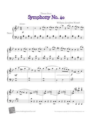 Thumbnail of first page of Symphony No. 40 (Theme) piano sheet music PDF by Mozart.