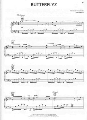 Thumbnail of first page of Butterflyz piano sheet music PDF by Alicia Keys.