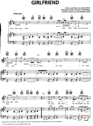Thumbnail of first page of Girlfriend piano sheet music PDF by Alicia Keys.