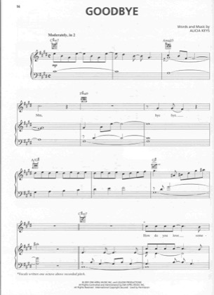 Thumbnail of first page of Goodbye piano sheet music PDF by Alicia Keys.