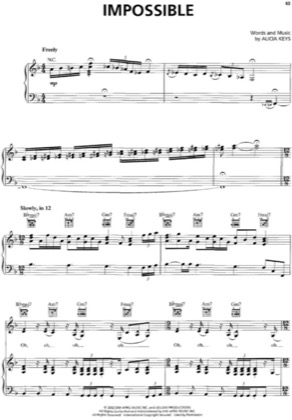 Thumbnail of first page of Impossible (ft. Christina Aguilera) piano sheet music PDF by Alicia Keys.