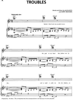 Thumbnail of first page of Troubles piano sheet music PDF by Alicia Keys.