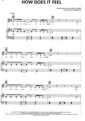 Thumbnail of first page of How Does It Feel piano sheet music PDF by Avril Lavigne.
