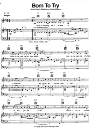 Thumbnail of first page of Born To Try piano sheet music PDF by Delta Goodrem.