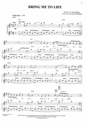 Thumbnail of first page of Bring Me To Life piano sheet music PDF by Evanescence.