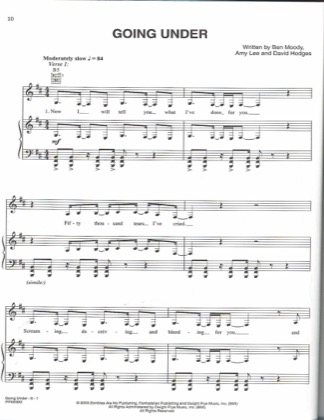 Thumbnail of first page of Going Under piano sheet music PDF by Evanescence.