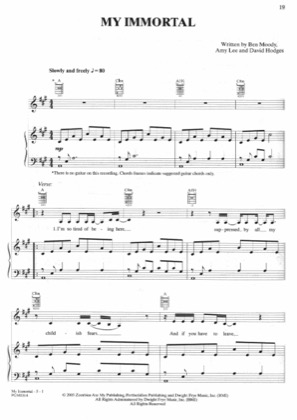 Thumbnail of first page of My Immortal piano sheet music PDF by Evanescence.