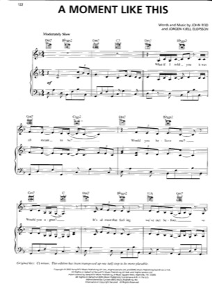 Thumbnail of first page of A Moment Like This piano sheet music PDF by Kelly Clarkson.